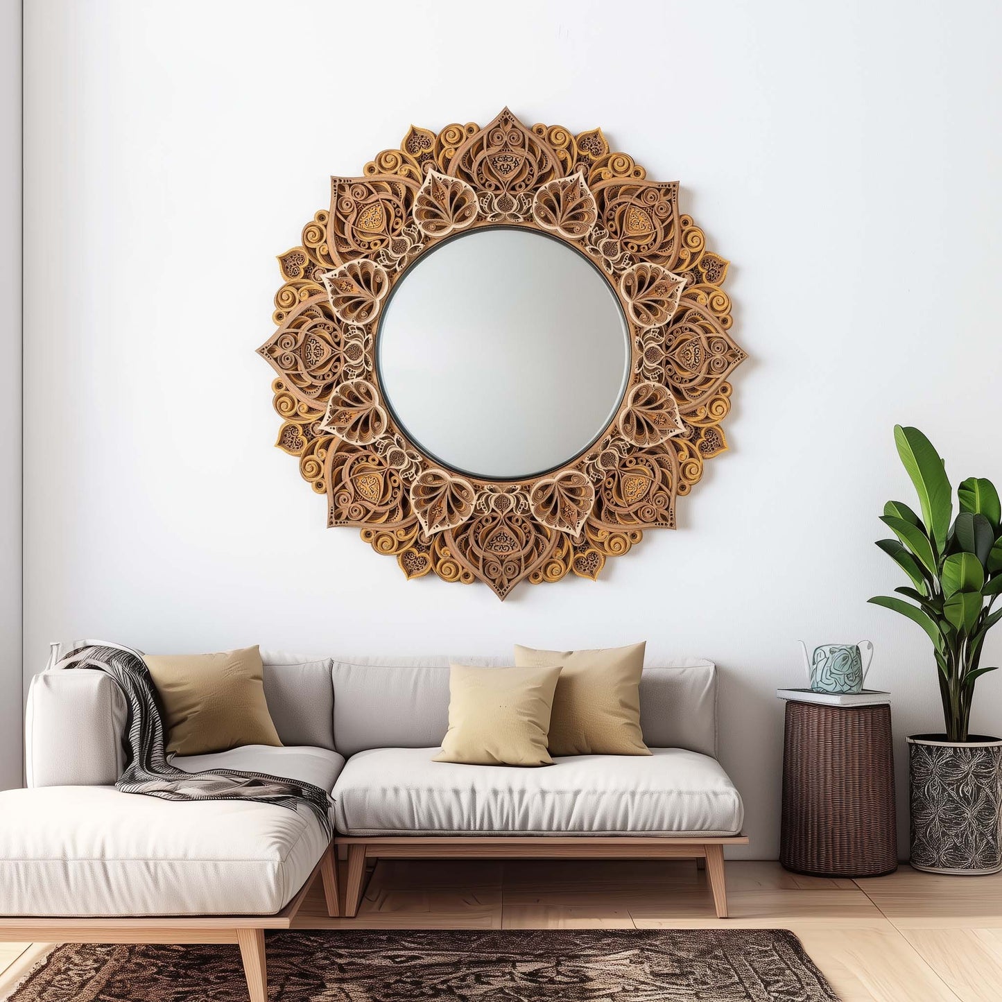 Mandala Mirror Wall Art – 3D Bodhi Flower Decorative Wooden Round Mirror, Boho Modern Living Room, Entryway, Bedroom