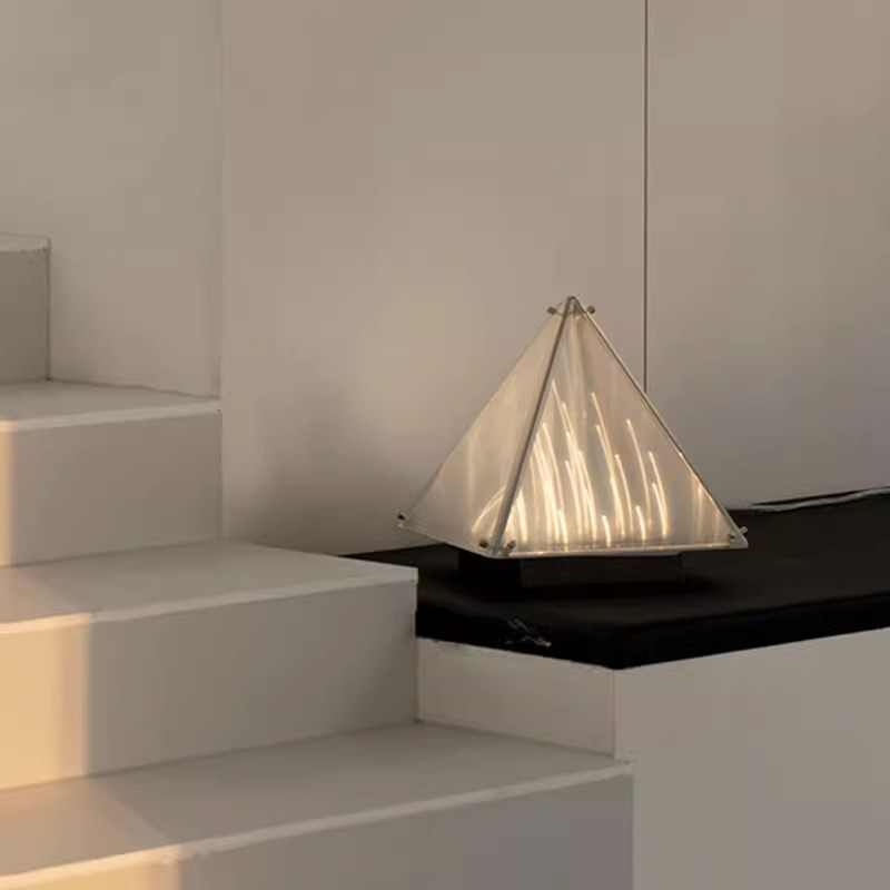 Modern Designer Geometric Table Lamp, Minimalist Stainless Steel & Glass Pyramid Ambient Light, Luxury Accent for Bedroom, Living Room, Office, Hotel, Study