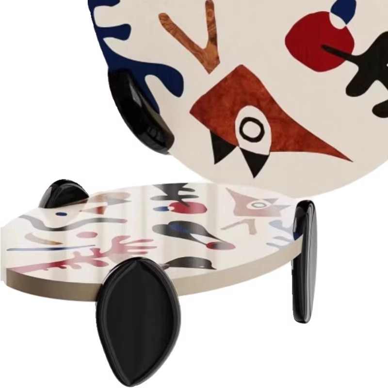 Hand-Painted Dutch Art Coffee Table, French Designer Round Pine Wood Table with Abstract Colorful Artwork, Graffiti Style Living Room Furniture