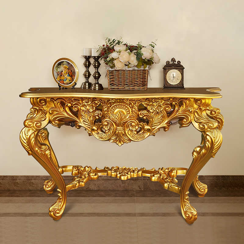 European Baroque Gold Console Table, Ornate Hand-Carved Floral Entryway Table with Curved Legs, Luxury Hall Display Table for Living Room, Foyer