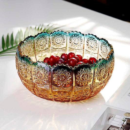 Luxury Crystal Glass Fruit Bowl, Embossed Star Pattern Serving Dish with Gradient Colors, Home Living Room Coffee Table Snack Bowl