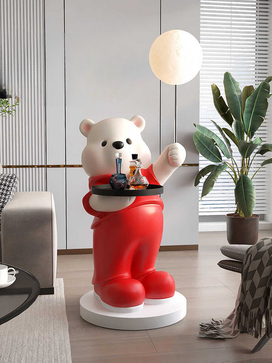Large Cream Style Bear Floor Sculpture with Tray and Lamp – Modern Sofa Side, TV Cabinet Decor, Housewarming/New Year Gift