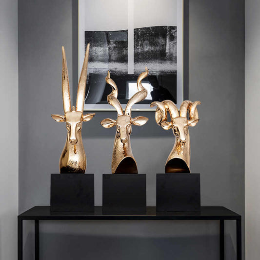 Modern Abstract Ram Head Sculpture Set – Rose Gold Resin Statues for Hotel Lobby, Office, or Home Decor