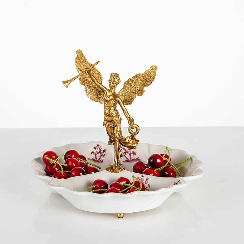 Porcelain and Brass Angel Fruit Bowl – Decorative Red Floral Centerpiece Dish for Living Room, Coffee Table, Dining Room, and Gift Décor