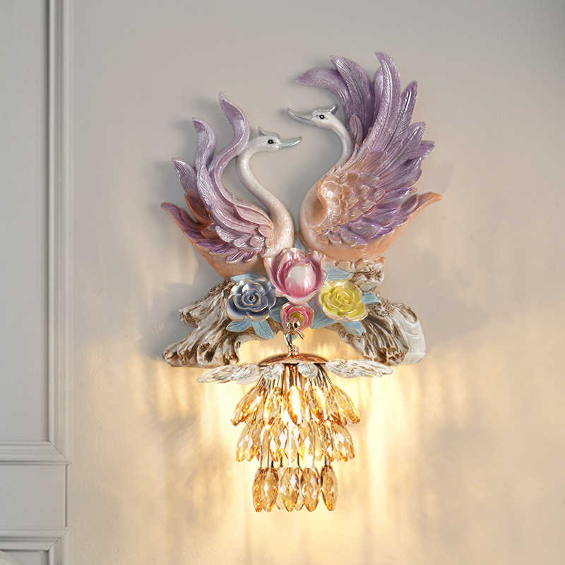 Purple Swan Wall Sconce Set – Luxury Resin and Crystal Wired Wall Lamp for Living Room, Bedroom, and Artistic Accent Walls