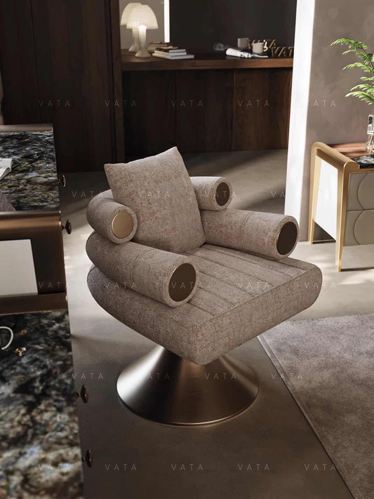 Designer Italian Minimalist Swivel Vanity Chair – Luxury Contemporary Upholstered Accent Chair with Sculptural Cylindrical Arms