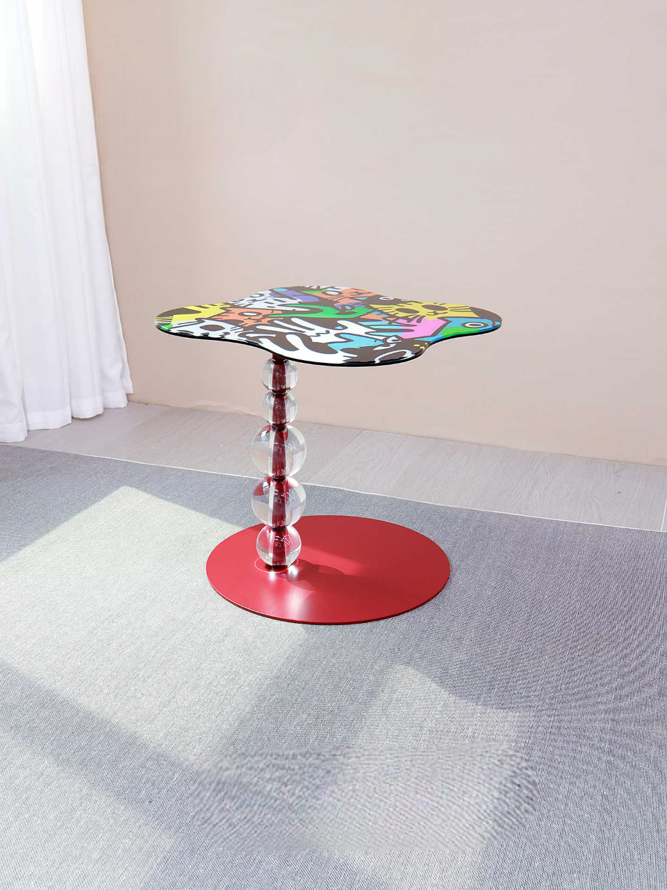 Dopamine Graffiti Glass Side Table, Artistic Modern Sofa End Table with Bold Patterned Top for Living Room or Balcony