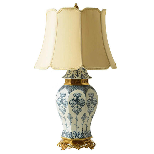 Palace Style Blue Porcelain and Brass Table Lamp – Luxury Decorative Lamp for Living Room, Bedroom, Villa, and Grand Entryway