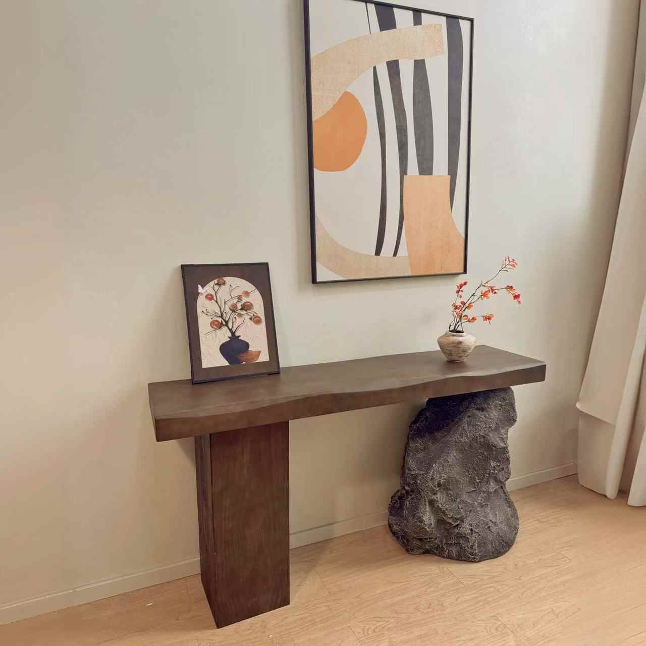 Modern Wabi-Sabi Console Table with Natural Stone Base – Japanese Minimalist Entryway Table, Solid Wood & Stone Combination Furniture