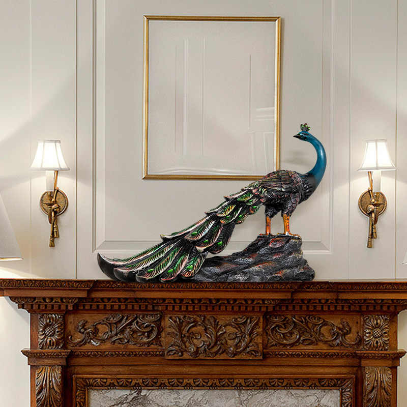 Large Realistic Green Peacock Sculpture – Luxury Resin Art Figurine for Living Room, Entryway, or TV Cabinet