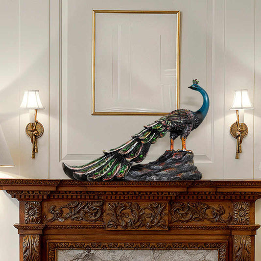 Large Realistic Green Peacock Sculpture – Luxury Resin Art Figurine for Living Room, Entryway, or TV Cabinet