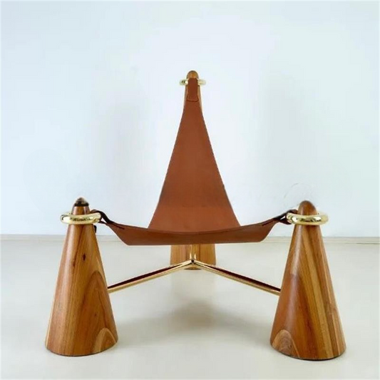 Modern Luxury Leather and Wood Accent Chair, Designer Camel Sling Lounge Chair with Brass, Minimalist Living Room or Hotel Armchair