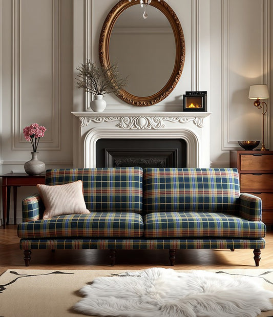Vintage Plaid Fabric Sofa – Classic Lounge Couch for Living Room, Designer South Asian Retro Style