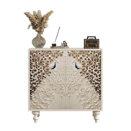 Luxury Peacock Art Painted Entryway Cabinet, Handcrafted Solid Wood Sideboard in Cream White for Living Room or Foyer