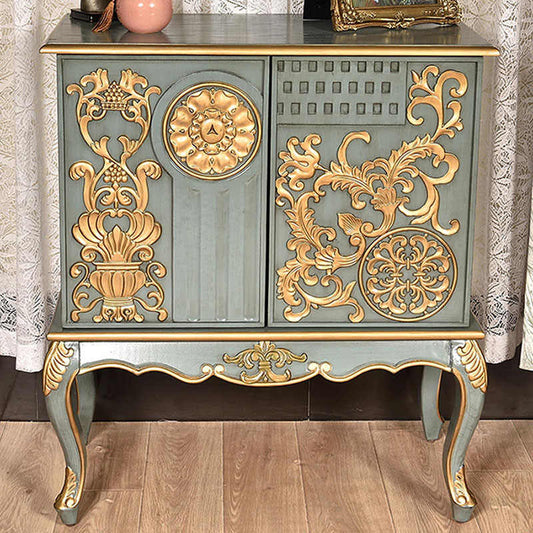 French Neoclassical Carved Console Cabinet with Gold Baroque Relief & Cabriole Legs, Luxury Entry Hall Storage Furniture