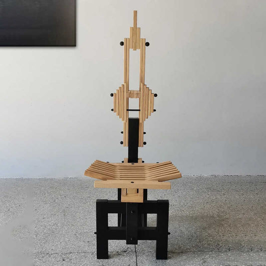 Postmodern Creative Block Chair, Sculptural Architectural Wood & Metal Accent Armchair – Designer Minimal Sample Room Statement Seat