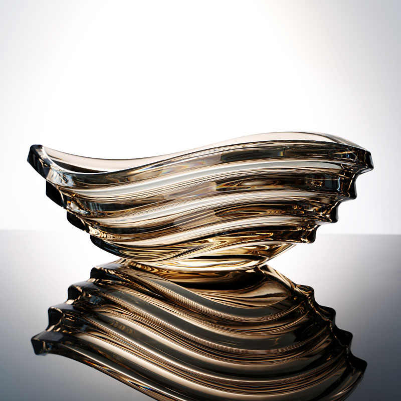 European Luxury Twisted Crystal Glass Fruit Bowl in Amber, Contemporary Swirl Design Serving Bowl