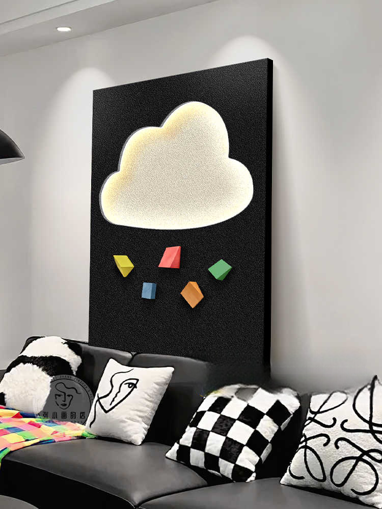 New Minimalist LED 3D Wall Art – “Rainbow Cloud” Black & White Sofa Backdrop, Sandstone Relief Lighted Mural