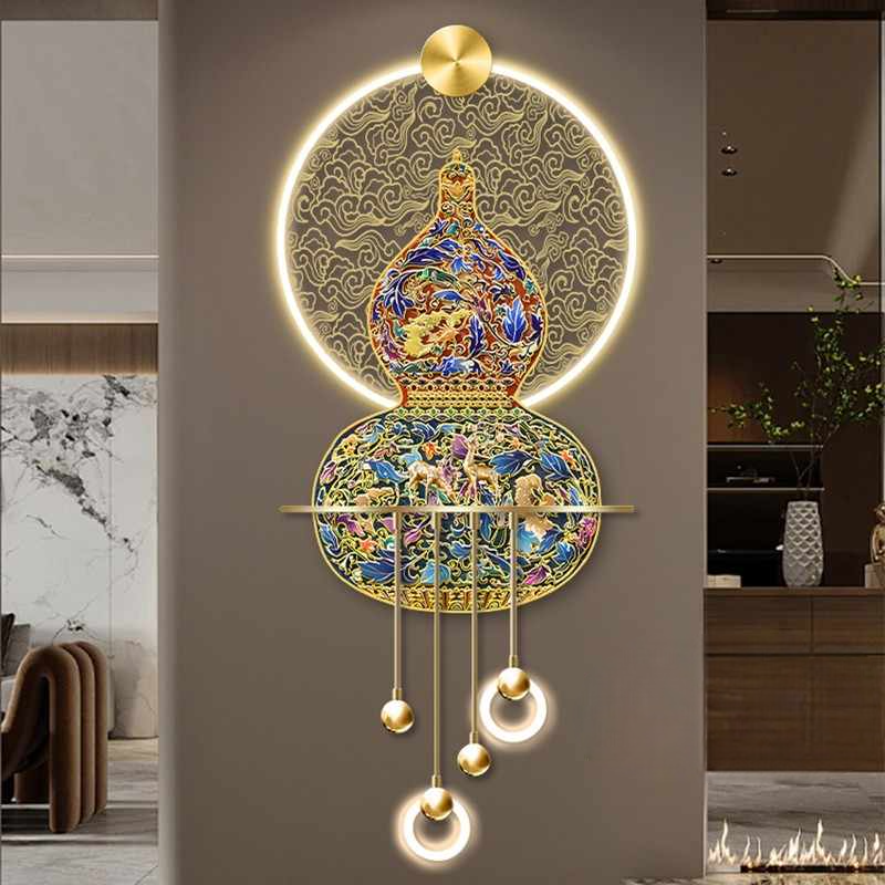 Luxury Enamel Gourd Wall Art with LED Light, Modern Style Gold Metal Sculpture for Entryway, Double Deer Blessing Decorative Panel