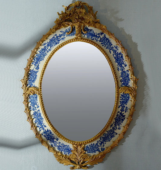 Large Blue and White Porcelain Inlay Brass Oval Wall Mirror – European Luxury Entryway Accent for Villa, Living Room, and Foyer