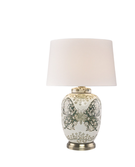 Green Butterfly Floral Ceramic Table Lamp with White Fabric Shade, Raised Relief Bedside Lamp with E27 Socket and Button Switch, Decorative Nightstand Lamp for Bedroom Living Room
