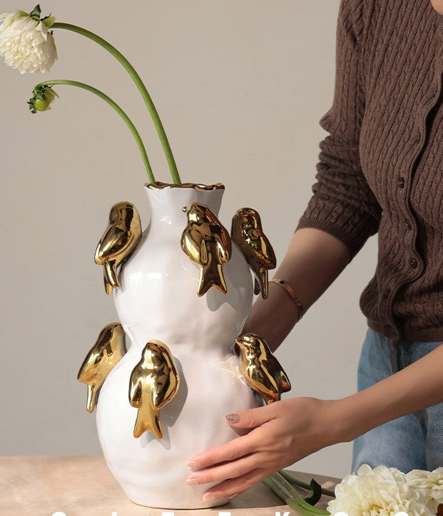 White Ceramic Vase with Gold Birds, Minimalist Art Flower Vessel with Gilt Bird Appliques, Modern Home Decor for Living Room & Entryway
