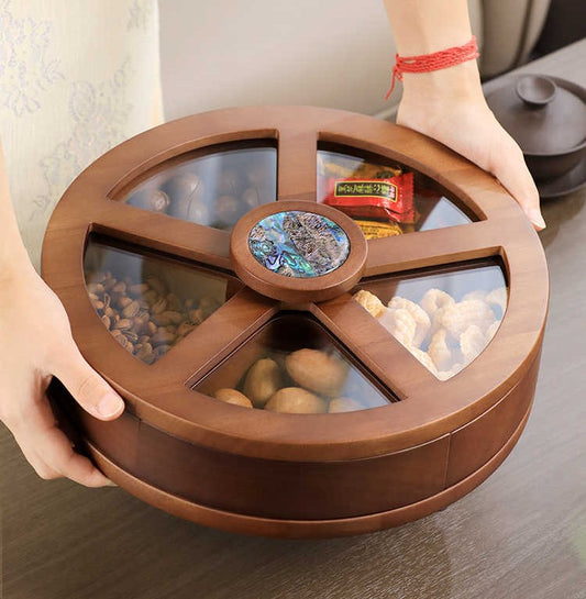 Premium Wooden Rotating Compartment Snack Tray with Glass Dividers, Luxury Dry Fruit & Nut Serving Bowl