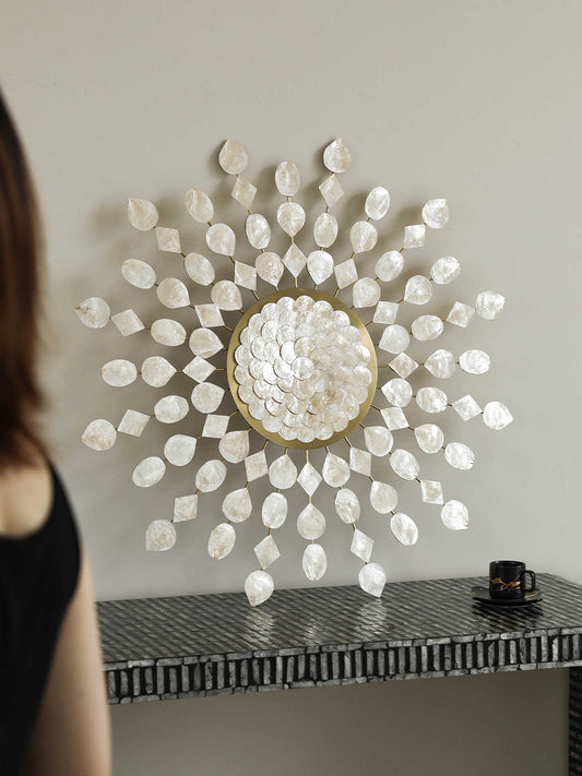 Luxury Gold Geometric Starburst Wall Art, Pearl Shell Decorative Metal Sculpture for Living Room & Dining Room