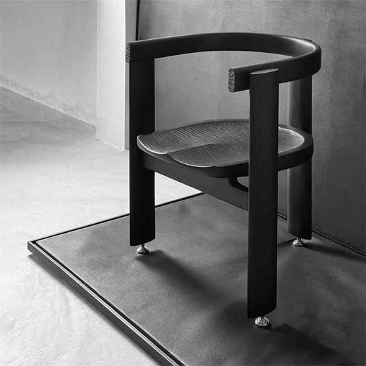 Vintage Black Solid Wood Carved Dining Armchair, Designer Minimalist Retro Accent Chair with Curved Back and Creative Sculpture Details