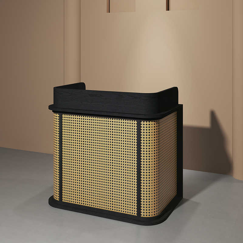 Compact Reception Counter for Stores – Small Business Cashier Desk, Restaurant Entry Inquiry Bar, Modern Rattan & Wood Welcome Stand