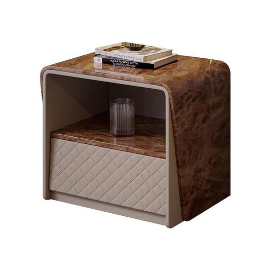 Italian Luxury Modern Nightstand – Designer Burl Wood Veneer with Quilted Leather Drawer, Contemporary Bedroom Storage Furniture