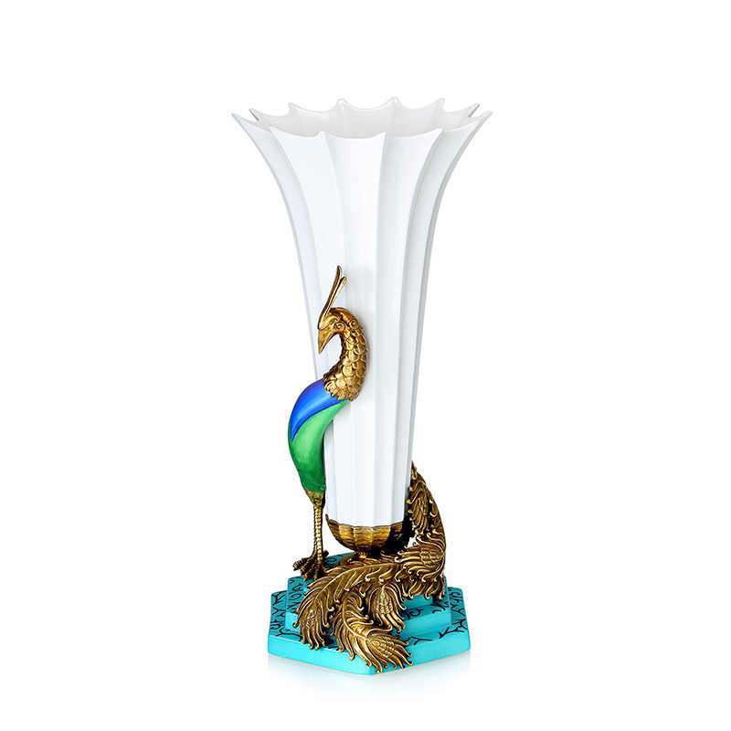 Porcelain and Brass Peacock Accent Flared Vase – Luxury Decorative Flower Vase for Tabletop, Centerpiece, Living Room, and Villa Décor