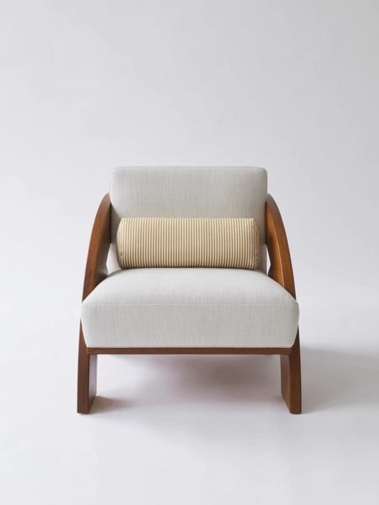 Nordic Minimalist Wooden Lounge Chair – Wabi-Sabi Style Accent Chair with Striped Upholstery, Mid-Century Modern Single Seater for Living Room, Café, Hotel