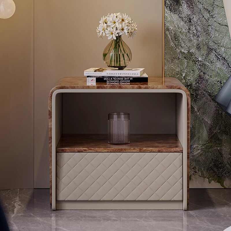 Italian Luxury Modern Nightstand – Designer Burl Wood Veneer with Quilted Leather Drawer, Contemporary Bedroom Storage Furniture