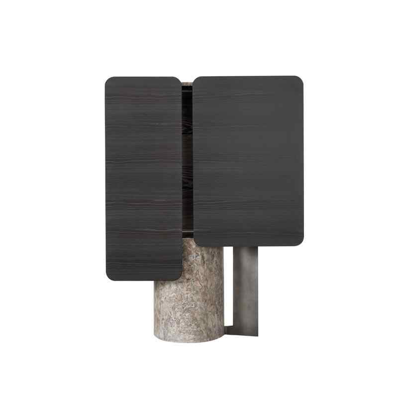 Italian Luxury Wall-Mount Bar Cabinet with Natural Marble Pedestal, Contemporary Wood Grain Storage with Brass Interior Lighting, Designer Display Cabinet