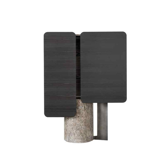 Italian Luxury Wall-Mount Bar Cabinet with Natural Marble Pedestal, Contemporary Wood Grain Storage with Brass Interior Lighting, Designer Display Cabinet