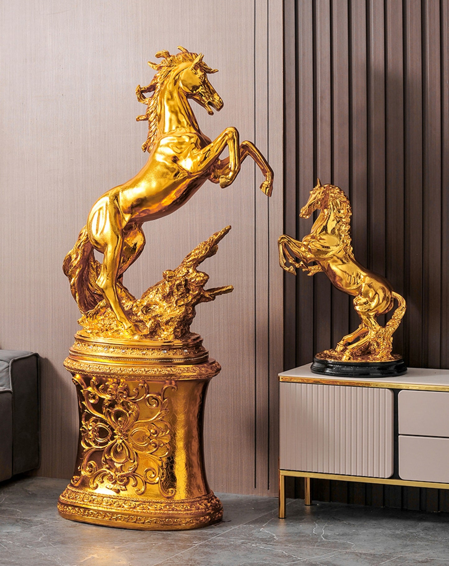 Luxury Gold Rearing Horse Sculpture – Modern Resin Decor Figurine for Living Room, Office, Hotel, Housewarming Gift