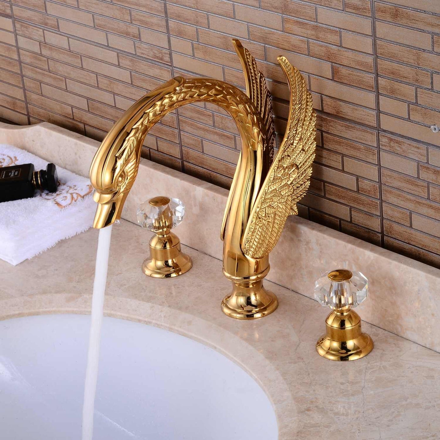 Luxury Gold Swan Basin Faucet with Crystal Handles, Three-Hole Golden Plated Lavatory Bathroom Sink Tap, Hot and Cold Mixer