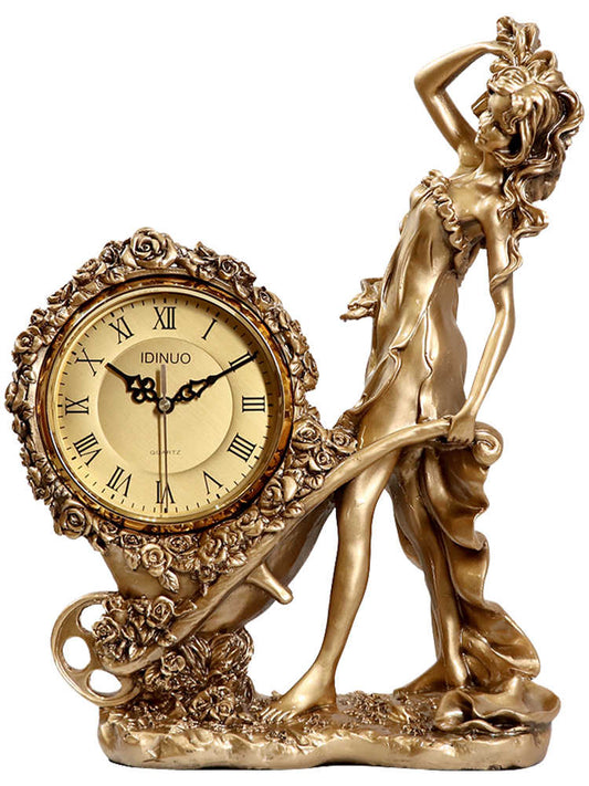 Art Lady Table Clock, Elegant Vintage Gold Beauty Desktop Clock, Luxury Living Room Mantel Clock, TV Cabinet/Office/Study Decorative Sculpture (Flower Cart Lady)