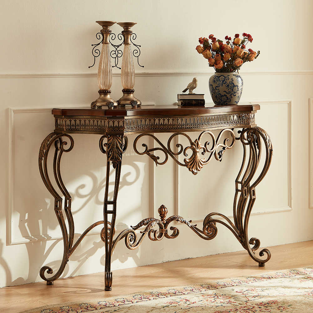 Vintage Entryway Console Table – Ornate Wrought Iron & Wood Foyer Table, Classic Half-Moon Accent
