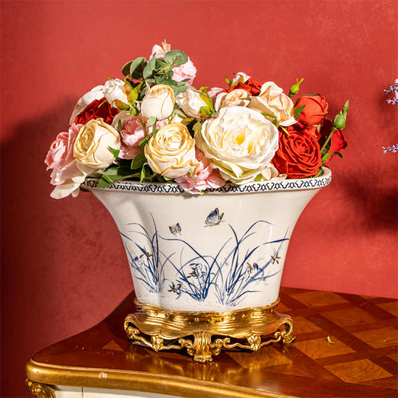 Blue and White Orchid Porcelain Brass Fruit Bowl – Decorative Planter and Centerpiece Basin for Living Room, Foyer, and Dining Table