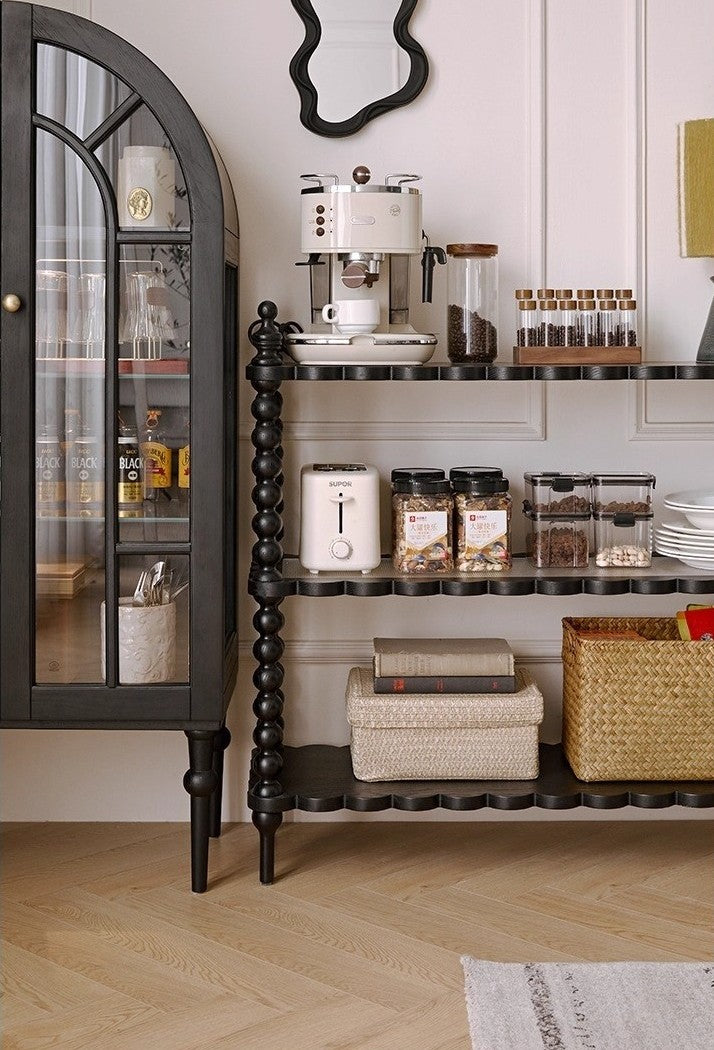 Vintage Cookie Solid Wood 3-Tier Side Shelf, Siam Black Large Edition – Scallop Edge Bookcase for Living Room/Entryway
