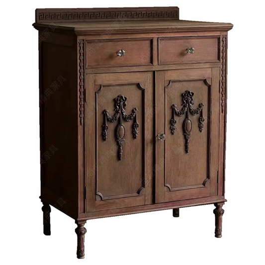 French Vintage Solid Wood Sideboard with Greek Key Pattern & Ornate Metal Swags, Louis XVI Style Storage Cabinet with Turned Legs