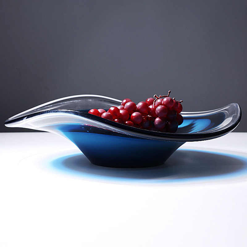 Modern Minimalist Blue Art Glass Fruit Bowl, Contemporary Organic Wave Design Serving Dish for Living Room Dining Table, Large Crystal Centerpiece