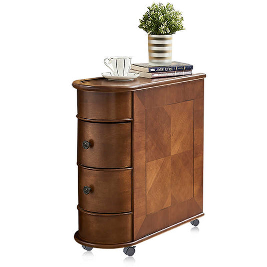 European Style Walnut Finish Sofa Side Table, Small Solid Wood Nightstand with Two Drawers for Living Room, Bedroom, Corner Accent