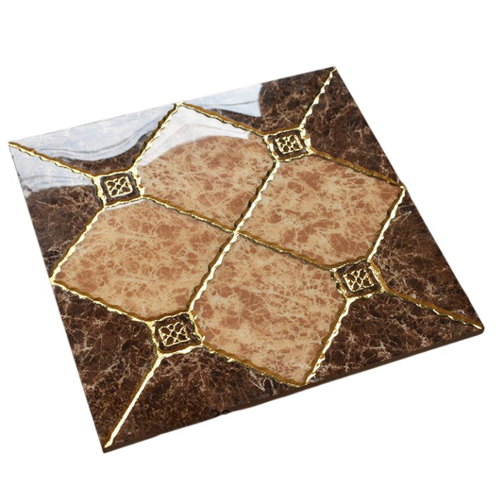 Luxury Brown Marble Look Porcelain Floor Tile Glossy Gold Inlay Ceramic Tile Non Slip Decorative Bathroom Kitchen Floor Tile for Villa Hotel Living Room