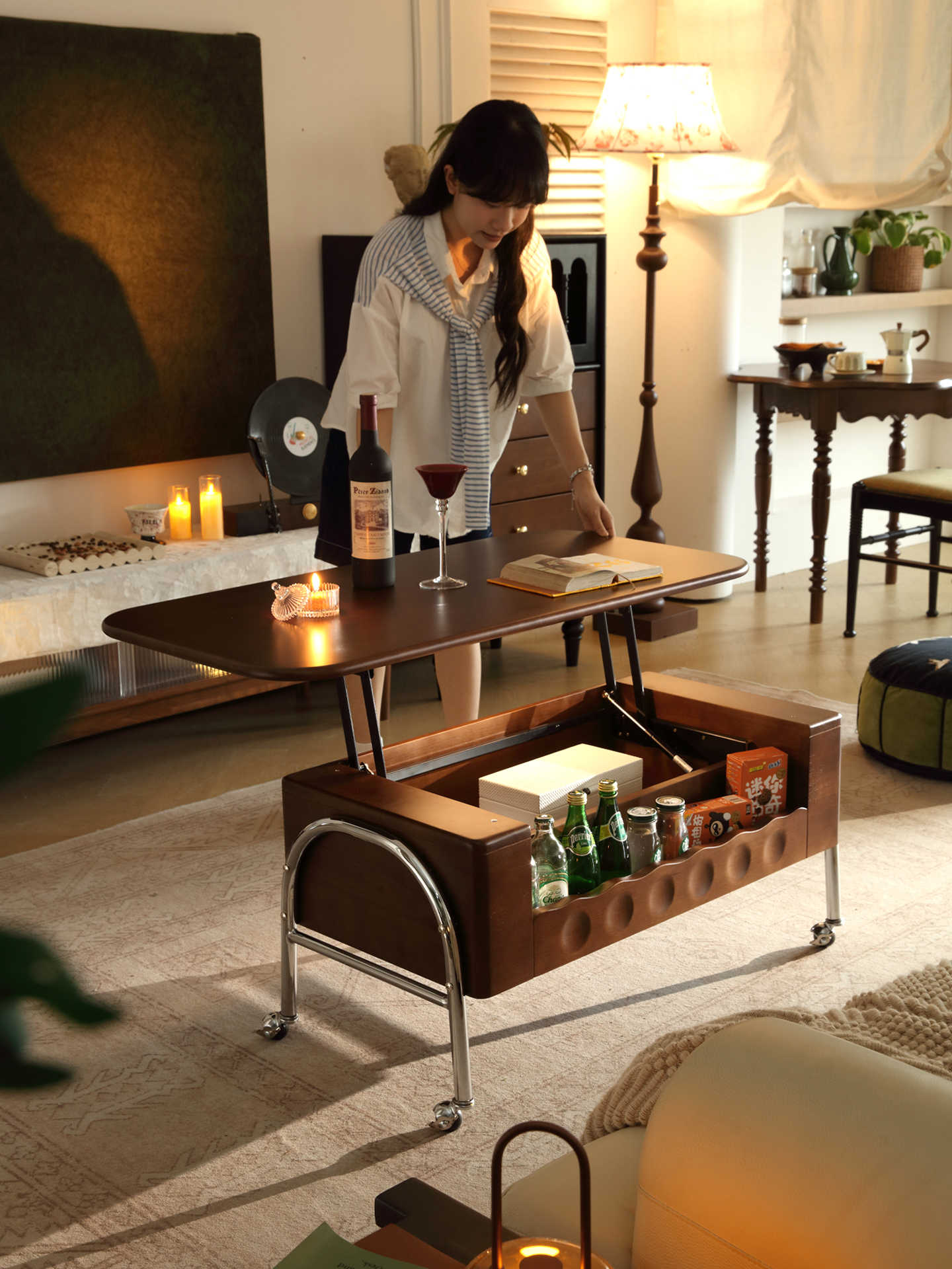 Retro Solid Wood Lift Top Coffee Table – Rolling Storage Cabinet & Adjustable Sofa End Table for Living Room