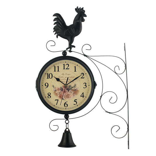 Retro Double-Sided Wall Clock, Silent Quartz Decorative Black Rooster Clock, Creative Vintage Style Hanging Clock for Living Room