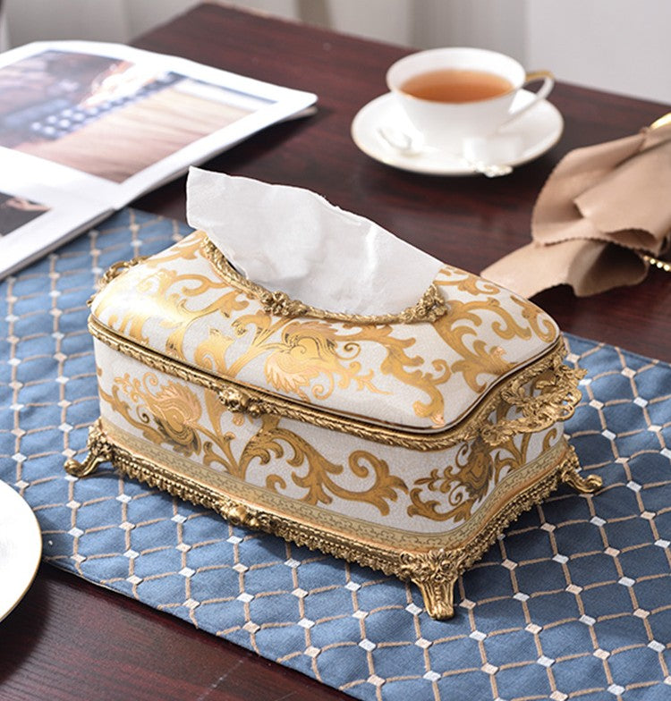 Luxury Gold Porcelain and Brass Tissue Box Holder – Decorative Napkin Organizer for Living Room, Dining Table, Office, and Coffee Table