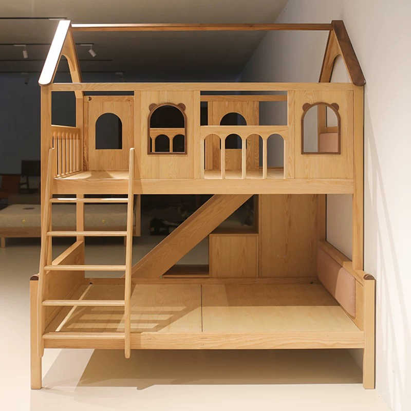 Solid Wood House Bunk Bed with Slide – Twin Over Full Playhouse Kids Bed, Natural Wood Children's Bedroom Furniture, Multi-Function Loft Bed for Boys and Girls